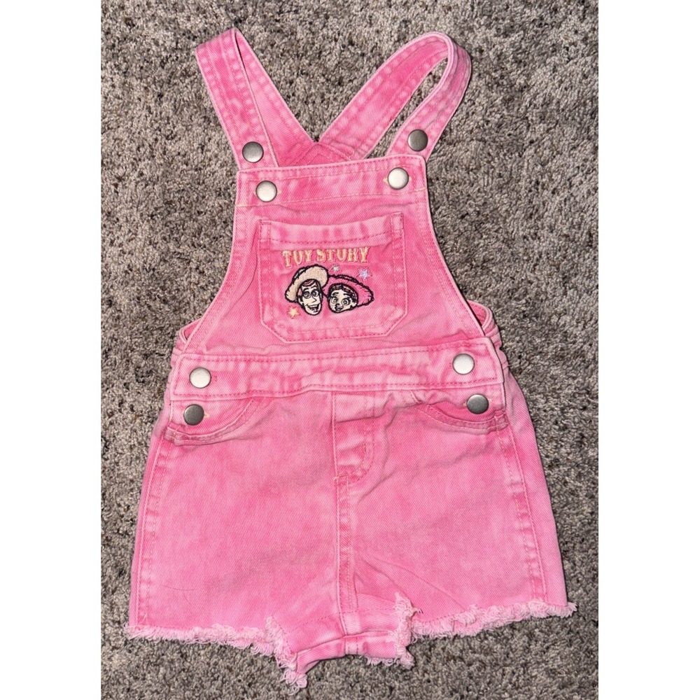 Toy Story Girls Pink Acid Washed Denim Overalls Shorts Woody Jessie Size 18M